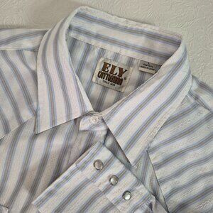Vtg Ely Cattleman Men L White Blue Pearl Snap Long Sleeve Shirt Highlight Stitch